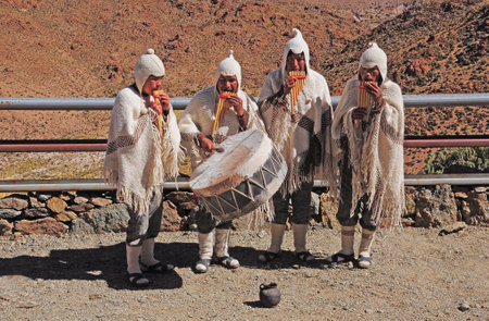 San Antonio de Los Cobres, Argentina  Indians play music in Andes on April 27, 2013, Argentina  Altitude approx  is 4000 m above sea level のeditorial素材