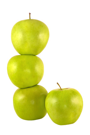 Four green apples isolated on white background の写真素材
