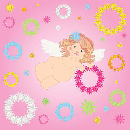 Angel and wreaths of flowers on pink background  のイラスト素材