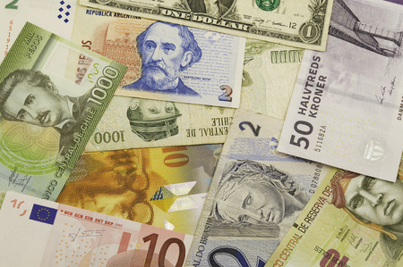 banknotes from different countries  USA, Euro, Chile, Argentina, Denmark, Brazil, Peru, Switzerland 