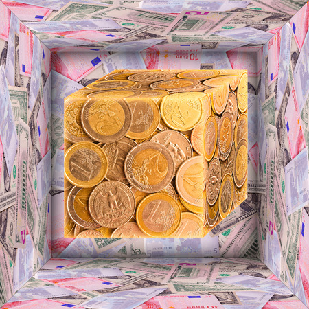 Open big 3d cube and small one made from pictures of banknotes and coins の写真素材