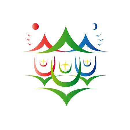 three colorful houses on the meadow  vector icon のイラスト素材