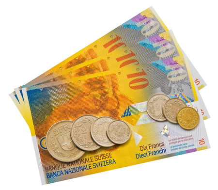 Coins and colorful bills of Switzerland  の写真素材