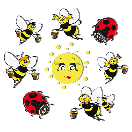 Bees, ladybirds around the sun isolated on white background  のイラスト素材