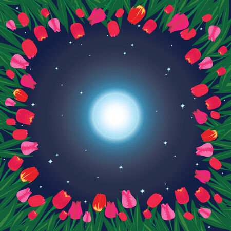 Moon on the sky and field of tulips のイラスト素材