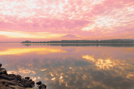 Sunrise above Llanquihue lake and Osorno volcano  North Patagonia  Chile  の写真素材