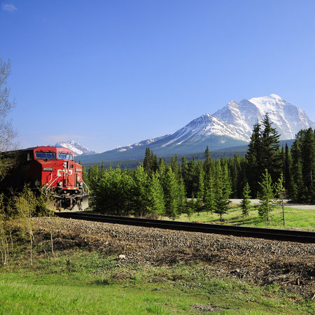 Long freight train goes from Calgary to Vancouver and approach to the station on June 09, 2011 in Lake Louise, Canada  のeditorial素材