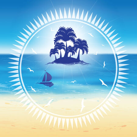 Sand beach and small island with palms in the open sea in the circle frame のイラスト素材