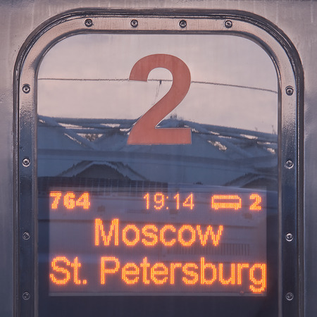 Sign "Moscow - St. Petersburg" of the carriage of the high speed train.の写真素材