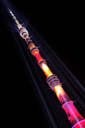 MOSCOW, RUSSIA - OCTOBER 10, 2014: Ostankino television tower illuminated for festival \"Circle of light\", Moscow, October 10, 2014.のeditorial素材