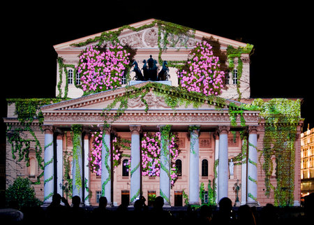 State Academic Bolshoi Theatre Opera and Ballet illuminated for international festival \"Circle of light\", Moscow, October 13, 2014.のeditorial素材