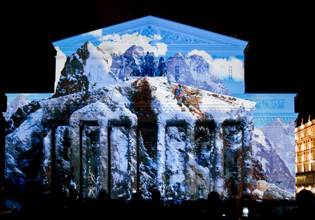 MOSCOW, RUSSIA - OCTOBER 13, 2014: State Academic Bolshoi Theatre Opera and Ballet illuminated for international festival \"Circle of light\", Moscow, October 13, 2014.のeditorial素材