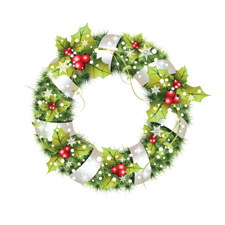 green christmas wreath with decorations isolated on white background. Vector illustration.のイラスト素材