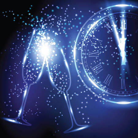 Old clock, pair of wineglasses and sparks in the air at New year midnight hour.のイラスト素材