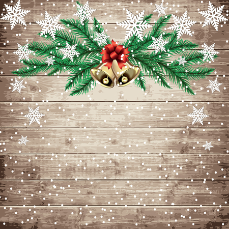 Fir tree branches, snowflakes and bells on the wooden board. Christmas vector illustration.のイラスト素材