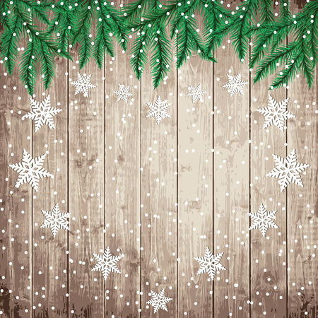 Fir tree branches and snowflakes on the wooden board. Christmas vector illustration.のイラスト素材