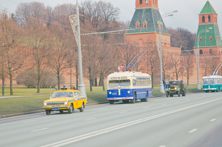Retro city transport parade goes along Kremlin wall on November 15, 2014 in Moscow, Russia.