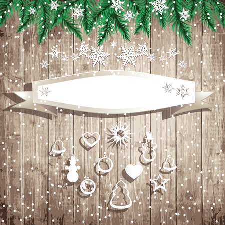 Banner Fir Tree Branches And Hanging Toys On The Wooden Board