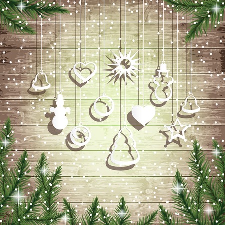 Fir tree branches and hanging toys on the wooden board background. Christmas vector illustration.のイラスト素材