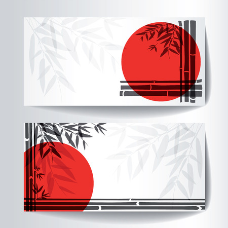 Banners with bamboo trees and leaves with red sun on white background. Vector illustration.のイラスト素材