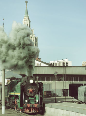 Departure of the retro passenger steam train.のeditorial素材
