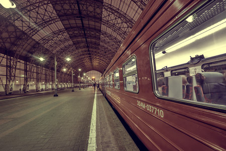 MOSCOW, RUSSIA - FEBRUARY 28, 2015: Express train to Vnukovo airport stands at Kievskiyj vokzal (railway station) of Moscow, Russia, February 28, 2015.のeditorial素材
