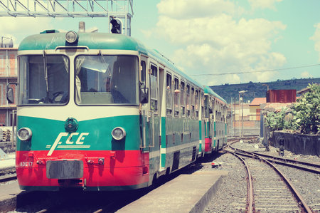 SICILY, ITALY - MAY 11, 2012: Trains on the station of the circle railway around Etna volcano, Sicily, Italy, May 11, 2012.のeditorial素材