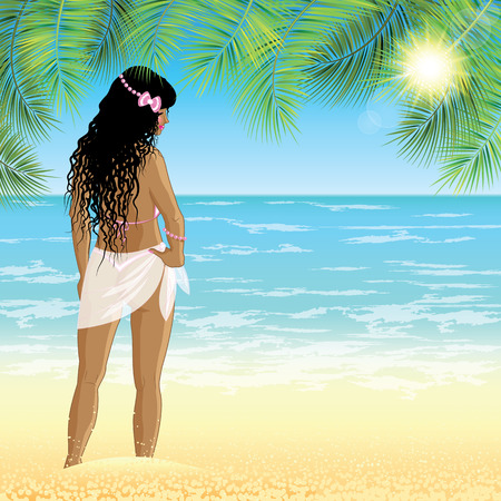 Young woman stands on the beach at sunset time. Vector illustration.のイラスト素材