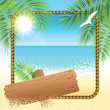 Rope frame, wooden board on the sand beach background. Vector illustration.のイラスト素材