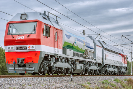Moscow, Russia - September 3, 2015: Gas-turbo locomotive approaches to the station. EXPO 1520 railway exhibition in Cherbinka.のeditorial素材