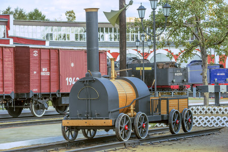 Moscow, Russia - September 19, 2015: Model of the first russian steam locomotive made by Cherepanovs...
