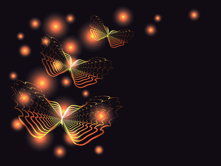 Flying orange butterflies in the darkness. Vector illustration.のイラスト素材
