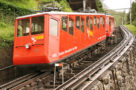 Alpnachstad, Switzerland - July 02, 2012: Funicular railway train to the top of Pilatus mountain stands by the platform.のeditorial素材