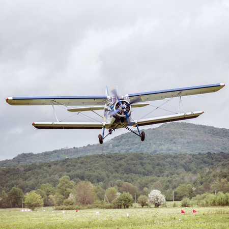 Flight of the old retro plane after taking off.