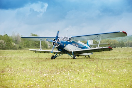 Taking off the old retro plane from the meadow.
