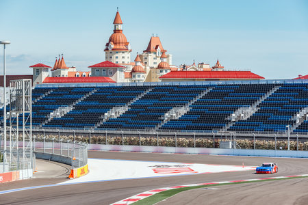 Sochi, Russia - May 11, 2015: Training free races of the high speed car on the autodrom.のeditorial素材