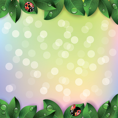 Red ladybugs and green leaves on colorful background. Vector illustration.のイラスト素材
