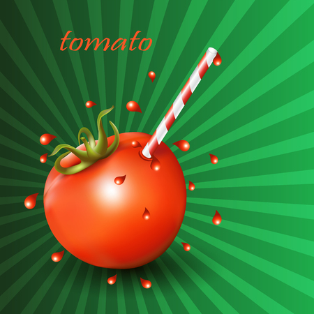 Red fresh tomato with straw on green background.のイラスト素材