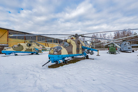 Monino, Moscow Region, Russia - February 05, 2016: Combat transport helicopters. Exposition of famous Central Museum of the Russian Air Force.のeditorial素材