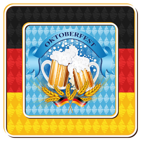 Vintage styled emblem with glasses of beer for Oktoberfest festival on German flag background.のイラスト素材