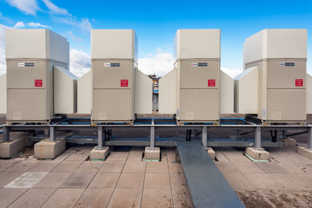 Moscow, Russian Federation, September 14, 2016: Air conditioning system Mitsubishi assembled and installed on top of a building.のeditorial素材