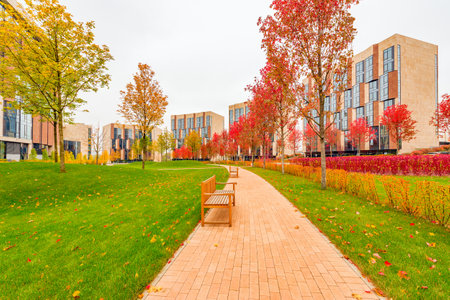 Moscow, Russian Federation, October 06, 2016: Park between prestige apartment houses in Skolkovo park.のeditorial素材