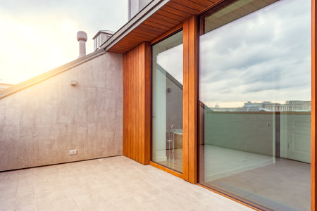 Moscow, Russian Federation, September 15, 2016: Balcony of the luxury prestige apartments at morning time.のeditorial素材