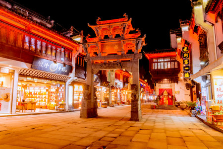 Huangshan, China, December 23, 2016: Evening view of the historical center streets of the city.のeditorial素材