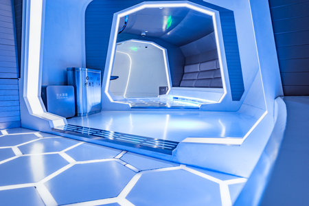 Shanghai, China - December 30, 2016: Interior of the space capsule inside of the Oriental Pearl tower.のeditorial素材