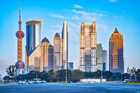 Central streets of Shanghai city in the morning. China.