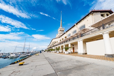 Exterior of the port, yachts and boats anchored in the port of Sochi. Russia.の写真素材