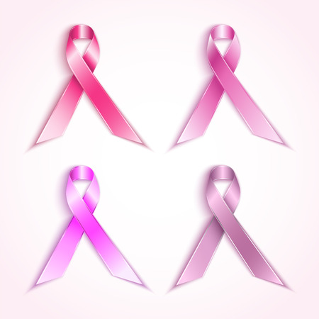 Four different colored ribbons on white background. Breast cancer awareness pink ribbons. Vector illustration.のイラスト素材