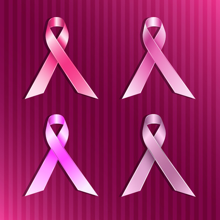 Four different colored ribbons on colorful background. Breast cancer awareness pink ribbons. Vector illustration.のイラスト素材