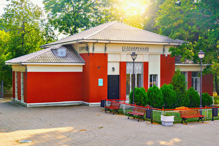 Moscow, Russia - August 17, 2017: Building of "Belokamennaja" station on Moscow Central Circle or MCC. Built from 2013 till 2016 and opened for passengers on 10 September 2016.のeditorial素材